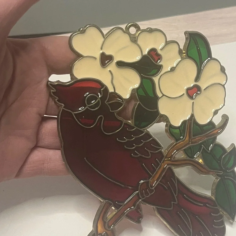Stained Glass Cardinal Bird Ornament with Flowers Metal‎ Suncatcher
